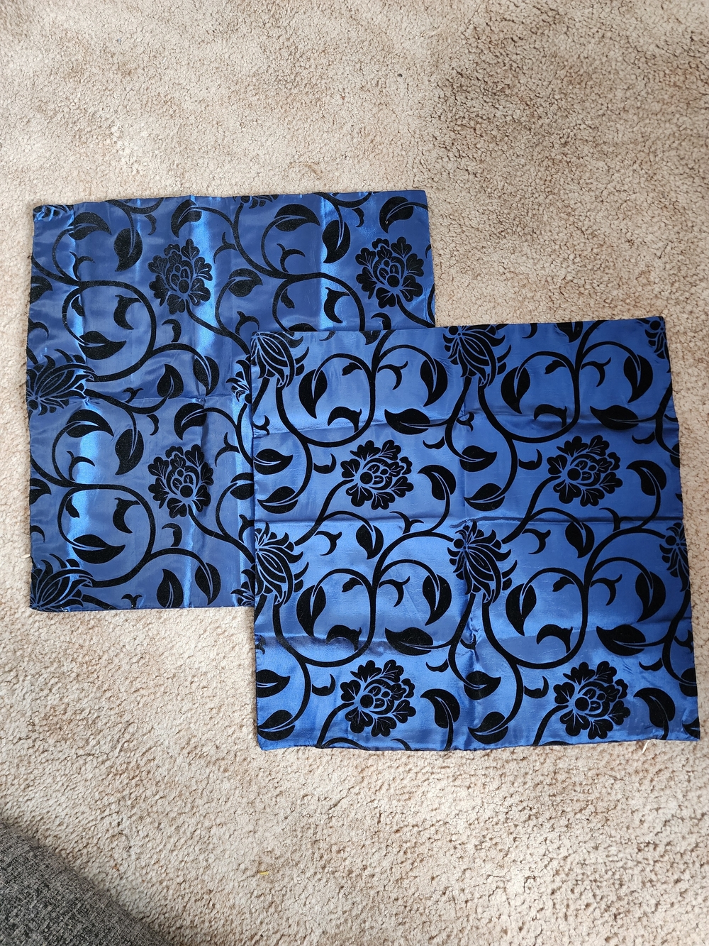 Luxury Embossed Blue & Black Floral Satin Cushion Covers Set of 2